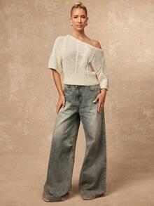 Lumalex Beige Summer Casual Asymmetric Collar Short Sleeve Sweater,Brunch Boho-Casual Flair Quiet Luxury Business Chic,Glitter-Accented Party Look For Vacay - Apricot - View 11