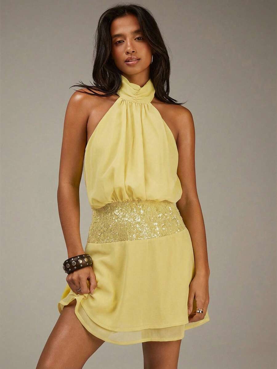 Athîral Women's Casual Halter Mini Dress - Pale Yellow - View 1