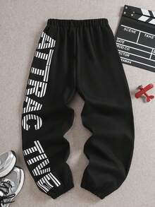 Mirajuku Teenager (Boys) Pants, Big Boy Casual Printed Trousers, Contrast Gradient Letter & Gradient Print, Elastic Waist, Daily Wear, Loose Street Fashion - Black - View 3