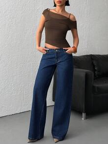 SHEIN 超低腰宽松直筒牛仔裤 - 深色水洗藍 - 查看 3