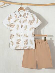 SHEIN 2pcs/Set Teens' Summer New Vacation Style All-Over Print Short Sleeve Shirt And Shorts Set - Khaki - View 2