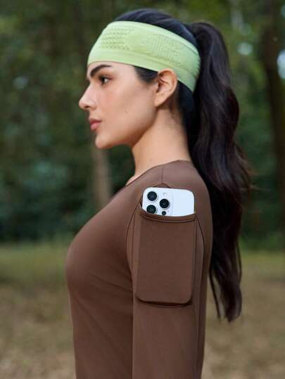 SHEIN In My Nature Women's Outdoor Long Sleeve Thumb Hole Slimming Coffee Brown T-Shirt