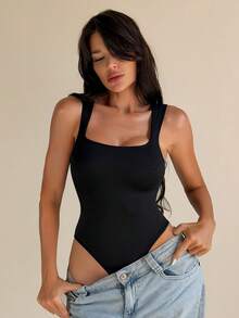 Sirith Women's Casual Solid Color Basic Bodysuit - Black - View 5