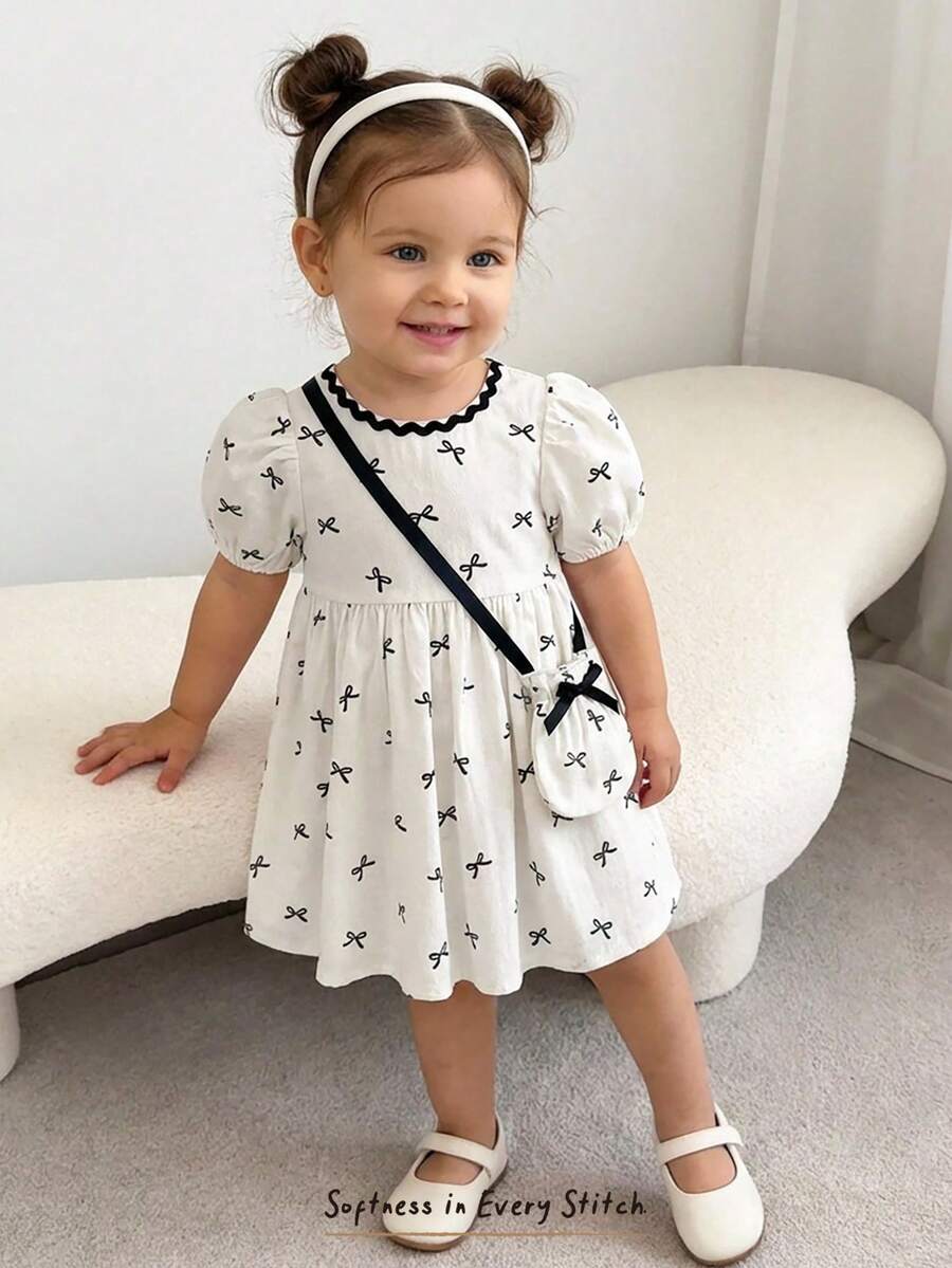 Cozy Pixies 2pcs/Set Baby Girl Bow Decor Round Neck Puff Sleeve Waist Tie Dress & Crossbody Bag,White And Black Summer Cute Family Matching Cotton Toddler Dress - Apricot - View 1