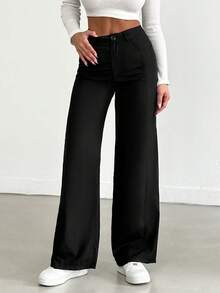 EURMUSE Women's Solid Color Straight Loose Casual Pants - Black - View 3