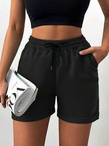 SHEIN Plus Size Casual Soft Modest Solid Color Shorts Summer Gym Office Formal Black - Black - View 5