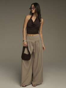 COSMINA Women's Elegant Ruched Loose Wide-Leg Pants, Versatile For Commuting, Office, Daily Wear, Vacation, Casual, Spring - Khaki - View 4