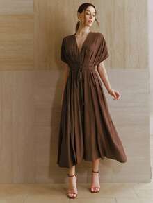 Anewsta Petite Petite Women's Spring/Summer Coffee Brown French Elegant Deep V-Neck Batwing Sleeve Ruched Tie-Waist Dress, Suitable For Daily, Party Tea Party - Coffee - View 5