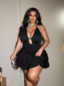 NU&NOW Vestido plus size sexy com decote halter e costas nuas - Preto - Ver 6