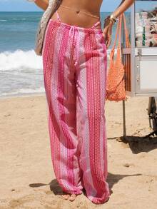 Swim Vcay 女士泳裤，休闲度假沙滩裤，梭织面料渐变条纹，优雅夏季沙滩装 - 西瓜粉 - 查看 1