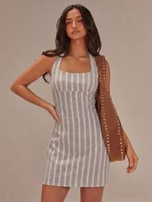 Athîral Đầm ngắn không tay kẻ sọc thường ngày dành cho nữ - Màu Khaki - Xem 1