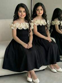 SHEIN Gaun Pesta Musim Panas Hitam dan Krem Elegan Tanpa Bahu untuk Remaja Perempuan, Gaun Putri Pas Badan dengan Hiasan Ruffle Berlebihan, Pakaian Sehari-hari Musim Semi untuk Remaja Perempuan - Hitam - View 1