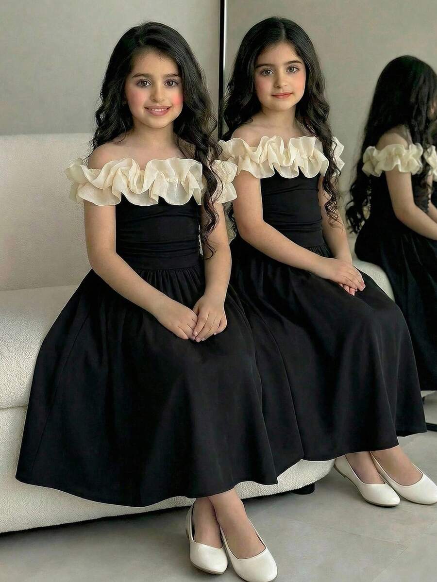 SHEIN Gaun Pesta Musim Panas Hitam dan Krem Elegan Tanpa Bahu untuk Remaja Perempuan, Gaun Putri Pas Badan dengan Hiasan Ruffle Berlebihan, Pakaian Sehari-hari Musim Semi untuk Remaja Perempuan - Hitam - View 1