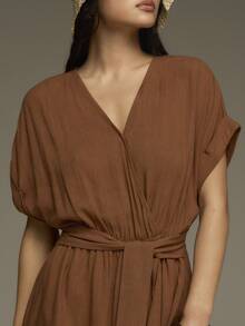 COSMINA Women's V-Neck Sleeveless Dress With Tie Waist, Linen Fabric Wrap Short Dress In Pastal, Summer Casual Sexy Vacation Holiday Beach Golf Weekend Outfit - Brown - View 5