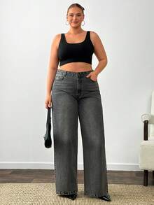 EURMUSE Plus High Waist Washed Wideleg Jean - Grey - View 6