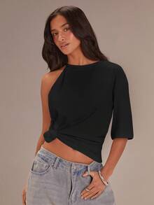 Athîral Women's Round Neck Knotted Asymmetric White Short Sleeve T-Shirt, Spring - Black - View 1