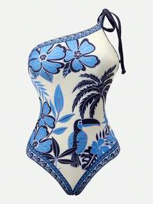Swim Oasis Bộ đồ bơi liền thân kèm váy in họa tiết hoa và chim nhiệt đới dành cho nữ, kiểu cổ yếm, thích hợp cho kỳ nghỉ biển. - Xanh và trắng - Xem 5
