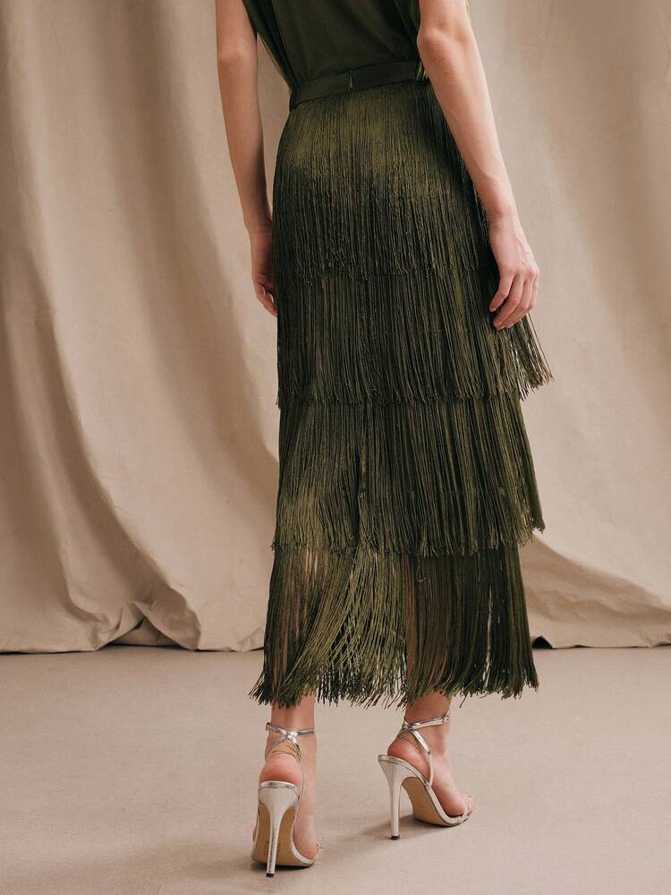 Women's Petite Elegant Olive Green Tiered Fringe Midi Dress, Flattering, Formal, Party, Chic, Work, Graduation, Wedding