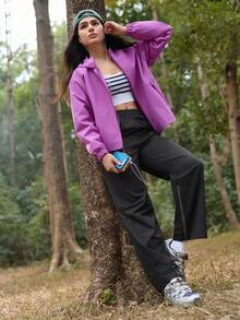 SHEIN In My Nature Women's Zipper Pocket Straight Loose Hiking Pants - Black - View 7