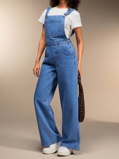 SHEIN Women's Casual Loose Denim Jumpsuit With Pockets And Button Design Womens Overalls Denim Jumpsuits For Woman 2000s Style Women S Overall Denim Overalls