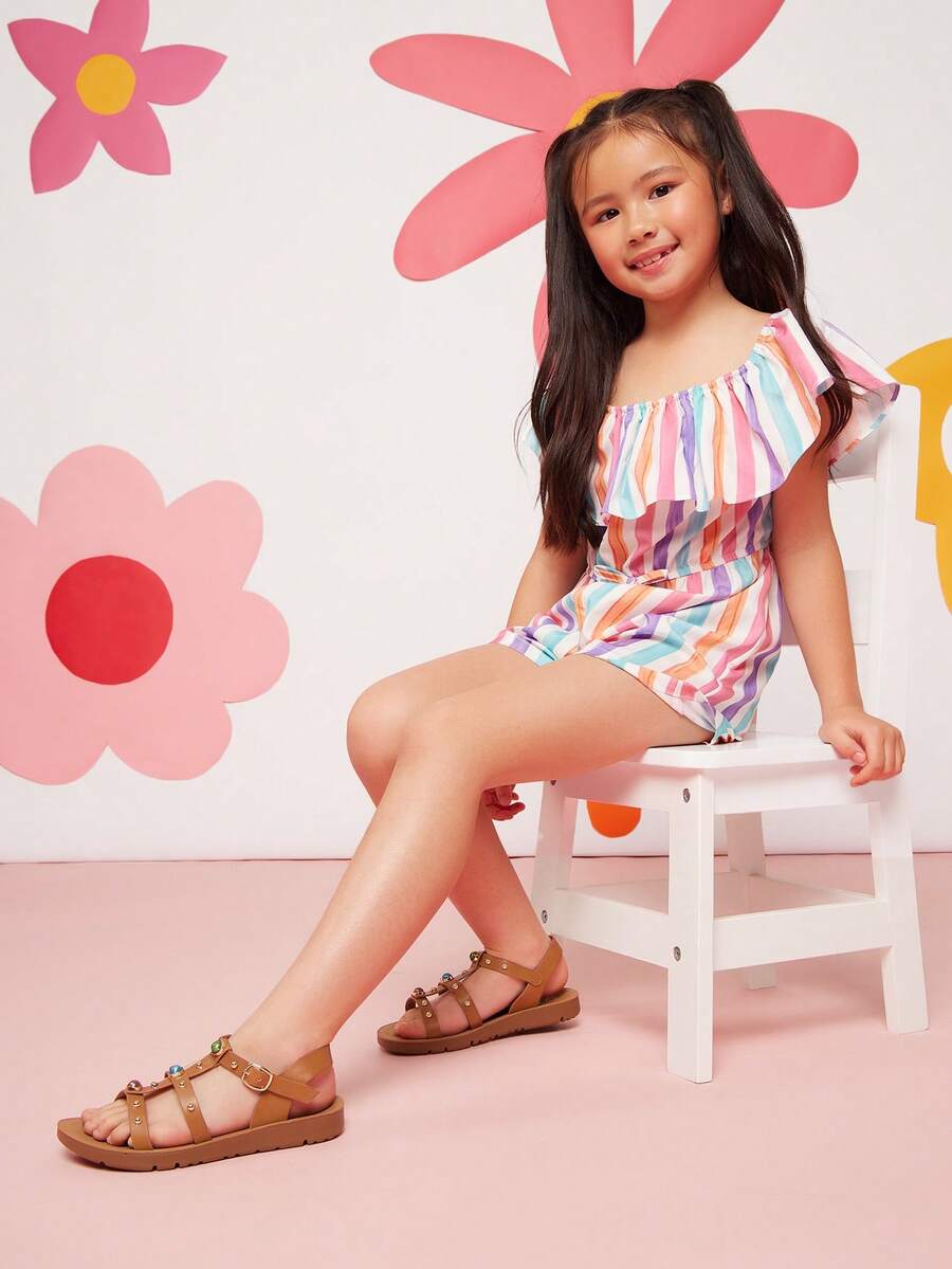 Mini mi #BohoGem Kinder Premium veganes Leder Tan Slingback Flach Sandalen mit Nieten und Steinen - Sicher, Stilvoll & Bequem - Kastanienbraun - Übersicht 1