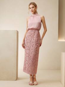 Anewsta Elegant Contrast Lace Halter Neck Dress For Women, Spring/Summer - Pink - View 4