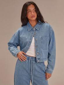 Athîral 女士休闲落肩长袖单排扣口袋牛仔衬衫 - 藍色 - 查看 4