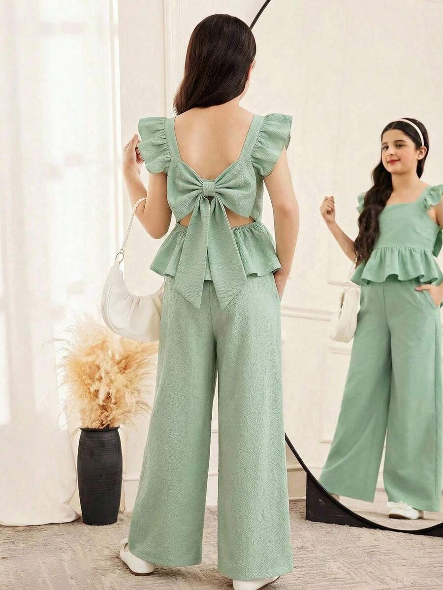 SHEIN 少女薄荷绿纹理面料蝴蝶结后背荷叶边衬衫和裤子两件套 - 薄荷綠 - 查看 1