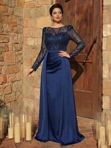 Serin Váy voan dệt kim satin co giãn tay xẻ, đính cườm và sequin sang trọng cỡ lớn, thích hợp cho đám cưới, tiệc tùng, kỳ nghỉ, vũ hội, cô dâu, mẹ, khách - Màu xanh hải quân - Xem 3