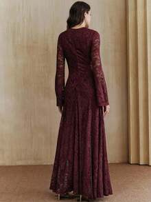 女士长款夏季连衣裙，优雅春季女士长袖蕾丝连衣裙，圆领修身长袖连衣裙，适合新年、圣诞节、情人节、派对、婚礼等场合，时尚、优雅、正式。 - 酒紅色 - 查看 2