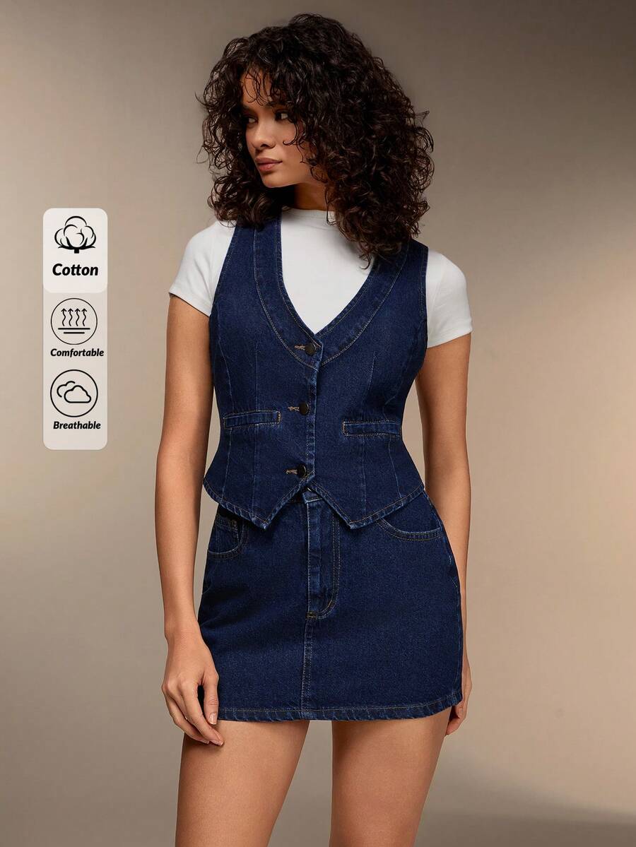 SHEIN Women Two Pieces Set Denim Vest Skirt Fitted Dark Blue Washed - Dark Wash - View 1