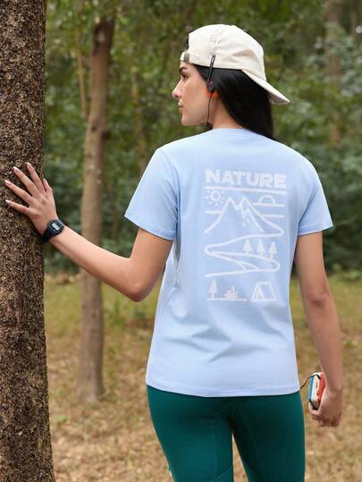 SHEIN In My Nature Women's Letter Print Round Neck Short Sleeve Outdoor T-Shirt Women Sports Tees Moisture Wicking Shirt Women Outdoor Sports Top