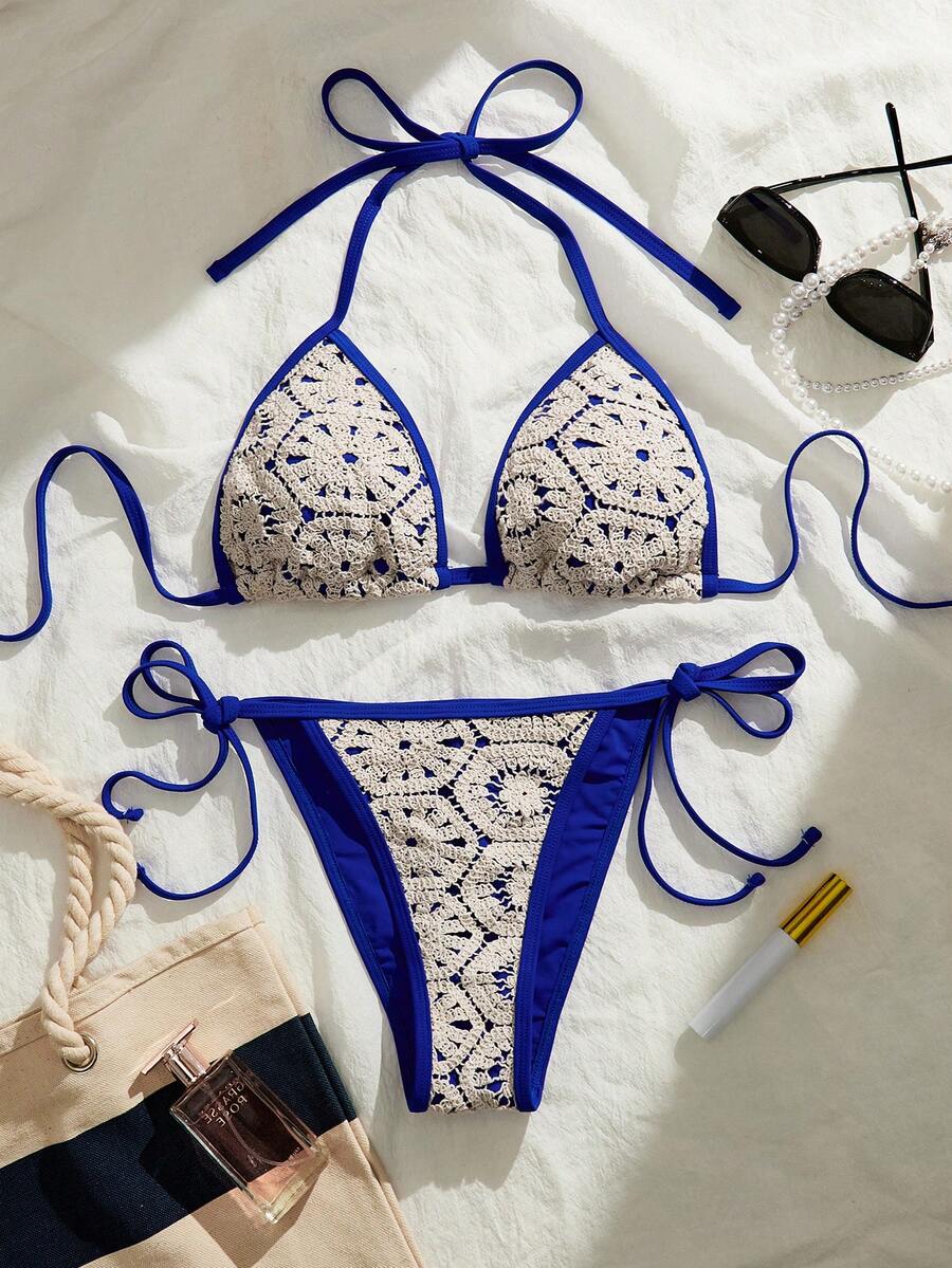 SHEIN Swim Women's Blue Summer Boho Beach Vacation Holiday Crochet ...