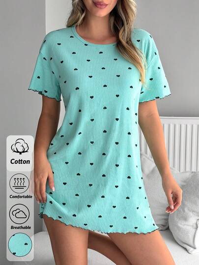 SHEIN Women Cotton Piece Mint Green Rib Knit With Heart Pattern Round Neck Short Sleeved Homewear Comfort Short Sleep Dress