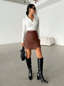 SHEIN Tall Women Cotton High Waist Split Hem Skort - Coffee Brown - View 5
