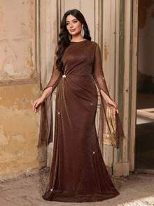 Aureia Plus Size Elegant Romantic Coffee Color Round Neck Ruched Flounce Lantern Sleeve Rhinestone Decor Mermaid Hem Dress, Suitable For Evening Party, Singles Party, Date, Ball, Vacation, Wedding, Bridesmaid - Coffee - View 7
