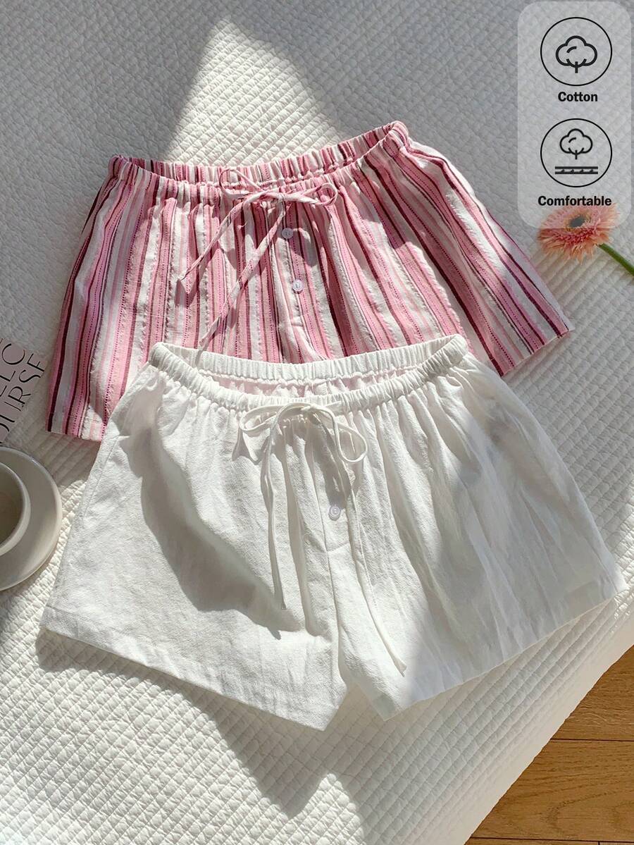 Comfortcana Bộ đồ nữ mùa hè xuân 2026 mới, 100% cotton, màu trắng phối quần sọc hồng, thích hợp cho kỳ nghỉ, lễ Phục sinh, ngày Thánh Patrick, tiệc tùng, đi chơi, đám cưới, lễ tốt nghiệp, thanh lịch, nghỉ mát, thường ngày, sang trọng, trang trọng, ngày Valentine, lễ hội, bãi biển, kỳ nghỉ, thư giãn tại nhà, đường phố, trường đại học, phong cách cá tính. - Nhiều màu - Xem 1