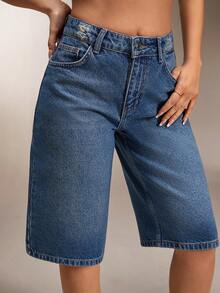 SHEIN Low Waist Washed Denim Jort - Medium Wash - View 8