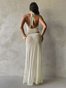 Aloruh 女士新款杏色薄纱罩衫，优雅性感透视两件套，深V领无袖上衣搭配超长裙，适合海滩度假 - 杏色 - 查看 3