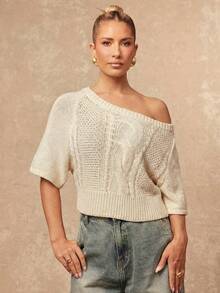 Lumalex Beige Summer Casual Asymmetric Collar Short Sleeve Sweater,Brunch Boho-Casual Flair Quiet Luxury Business Chic,Glitter-Accented Party Look For Vacay - Apricot - View 10