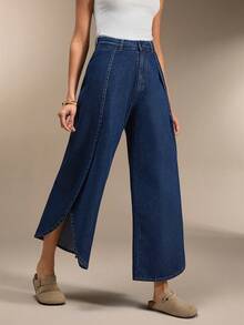 SHEIN Denim Cut-Out Wide Woman Trousers Split Leg Deatiled - Dark Wash - View 4