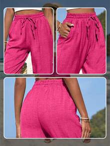 SHEIN Plus Size Casual Tropical Solid Color Pants Vacation Beach Formal Mint Green Autumn - Hot Pink - View 7