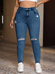 EURMUSE Plus Size Women's Pocket Distressed Skinny Casual Versatile Denim Jeans - Royal Blue - View 5