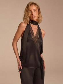 COSMINA Women's Satin Black Lace Patchwork Spaghetti Strap Tie Strap Camisole Top, Sleeveless Casual Elegant Romantic Holiday Camisole - Black - View 4