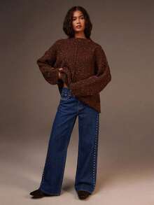 Athîral Women's Rivet Pocket Straight Loose Casual Versatile Jeans - Navy Blue - View 3