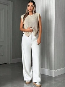 SHEIN Tall SHEN Tall Size Pearl Detailed Rib-Knit Sweater Vest Chic Top Sweater Top - Apricot - View 5