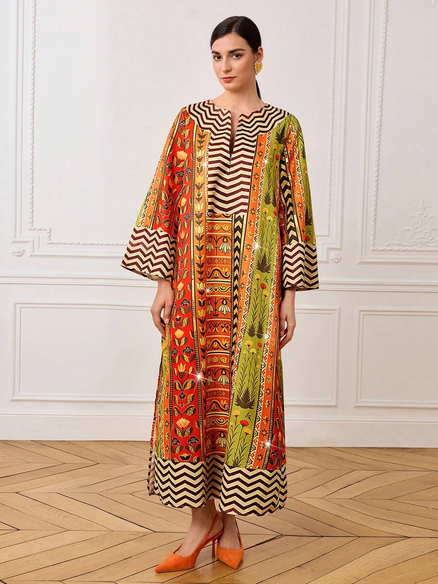 LOTSLUV Damen Platzierter Muster Rundhals Kurzarm Locker Lässig Lang Kleid, Frühling/Sommer - Koralle Orange - Übersicht 1
