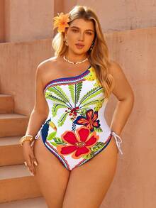 Swim Vcay 大码女式椰树花卉印花时尚度假休闲修身抽绳褶皱不对称领口连体泳衣，2026新款 - 彩色 - 查看 1
