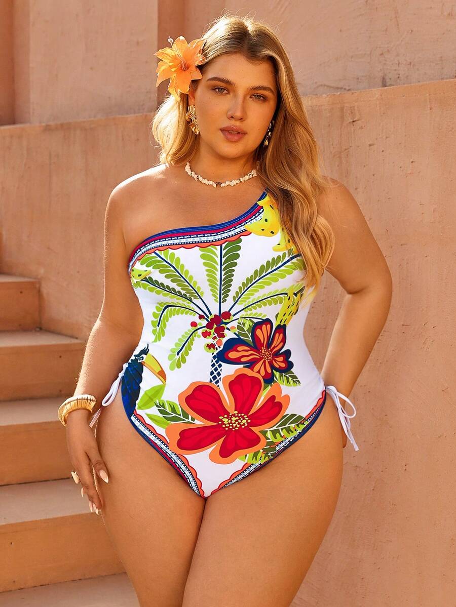 Swim Vcay 大码女式椰树花卉印花时尚度假休闲修身抽绳褶皱不对称领口连体泳衣，2026新款 - 彩色 - 查看 1