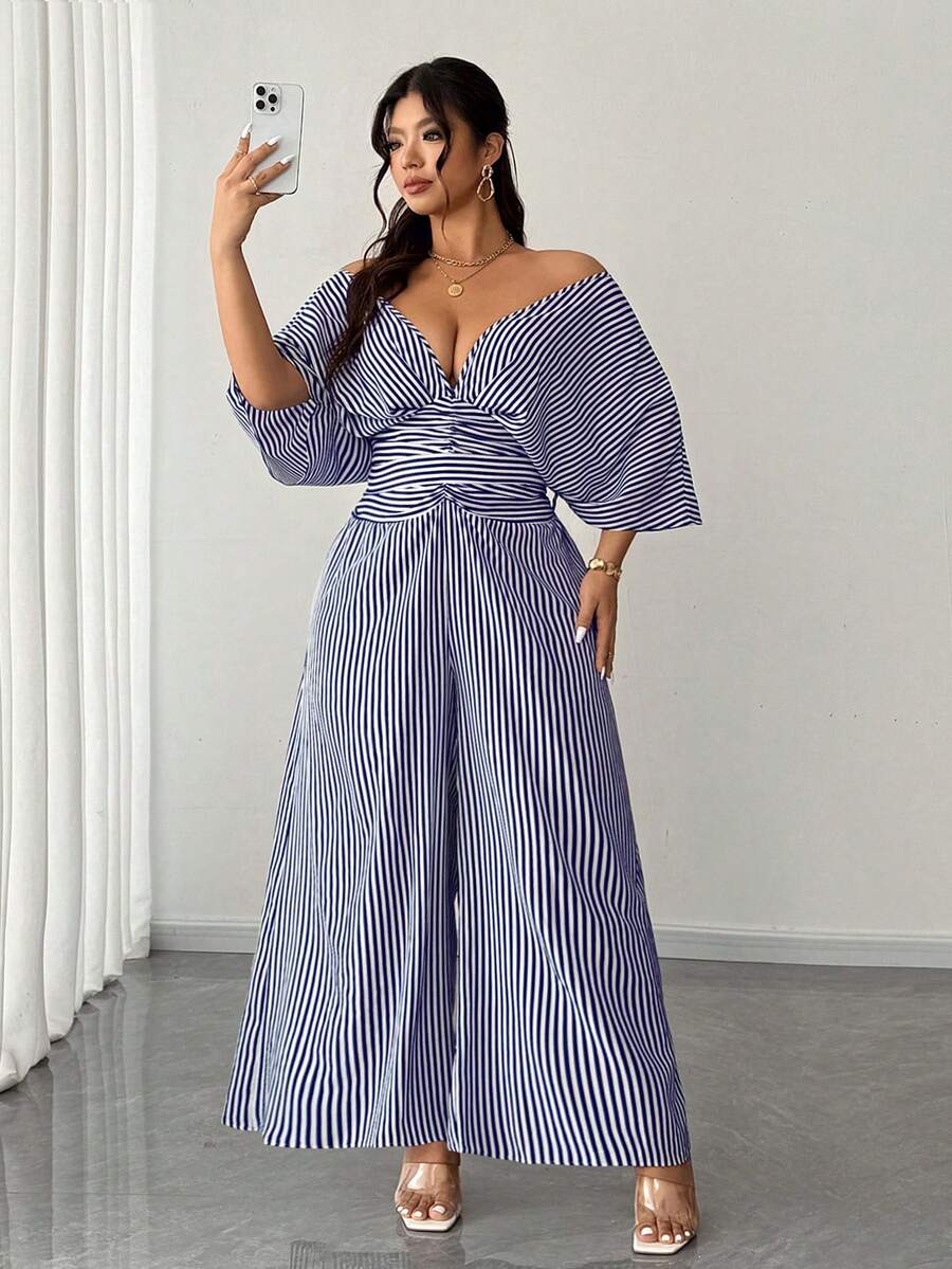 SHEIN Elenzya 加大码欧美风条纹短袖休闲修身连体裤 - 藍色 - 查看 1